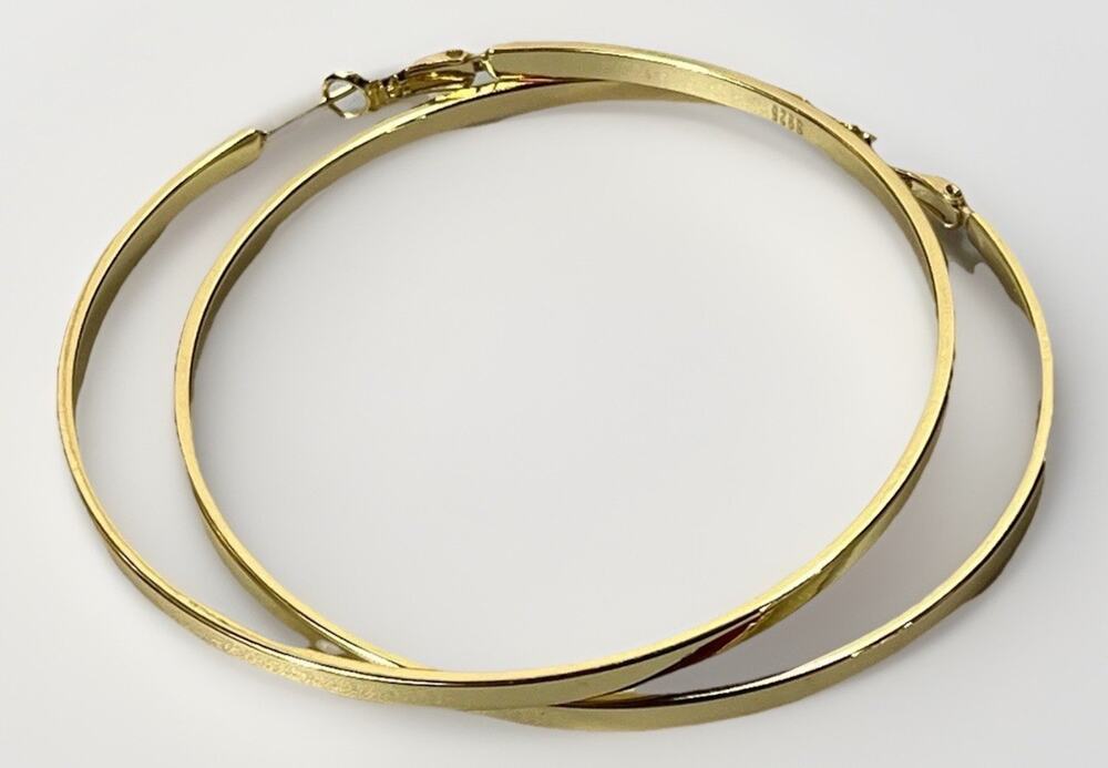 VTG 925 Sterling Silver Gold Tone Hoop Earrings 2.5” Large Flat Hoops 17.7g